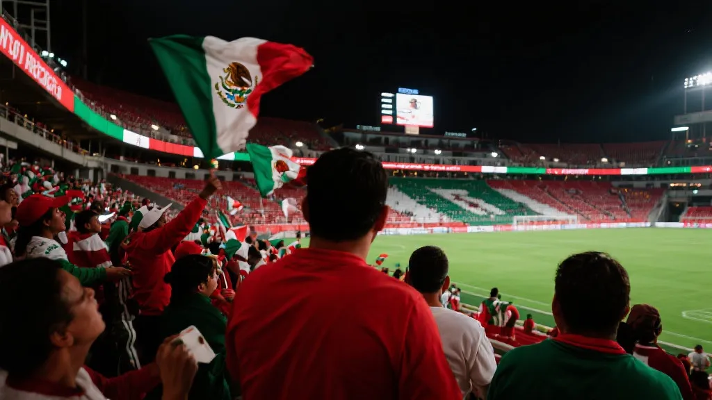 球场夜景与墨西哥球迷看台的情绪氛围，象征主场期待与理性分析并存